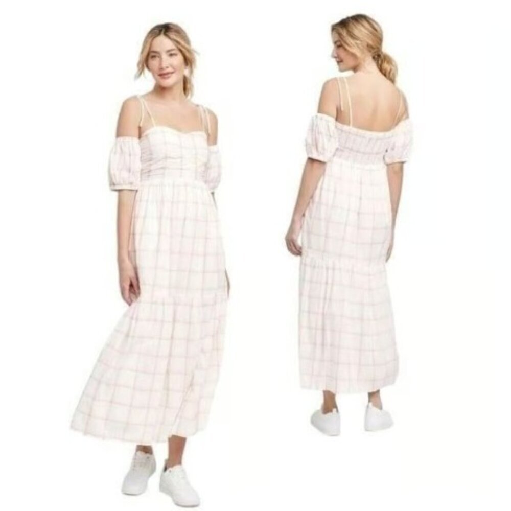 Universal Thread Pink White Plaid Long Off the Shoulder A Line Dress XL